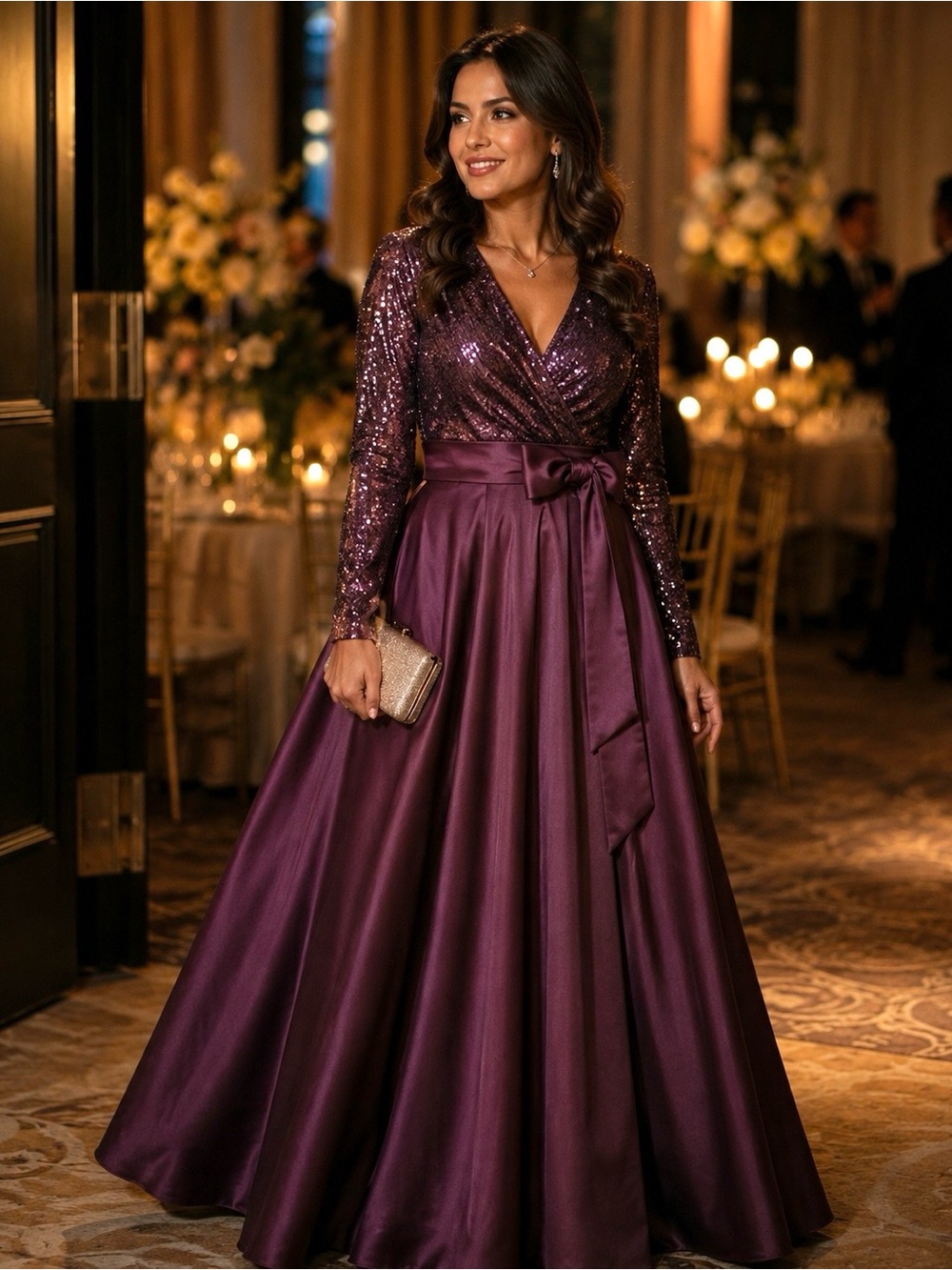 Xscape Plum Purple Sequin Satin Wrap Front-Slit Full A-Line Floor-Length Gown